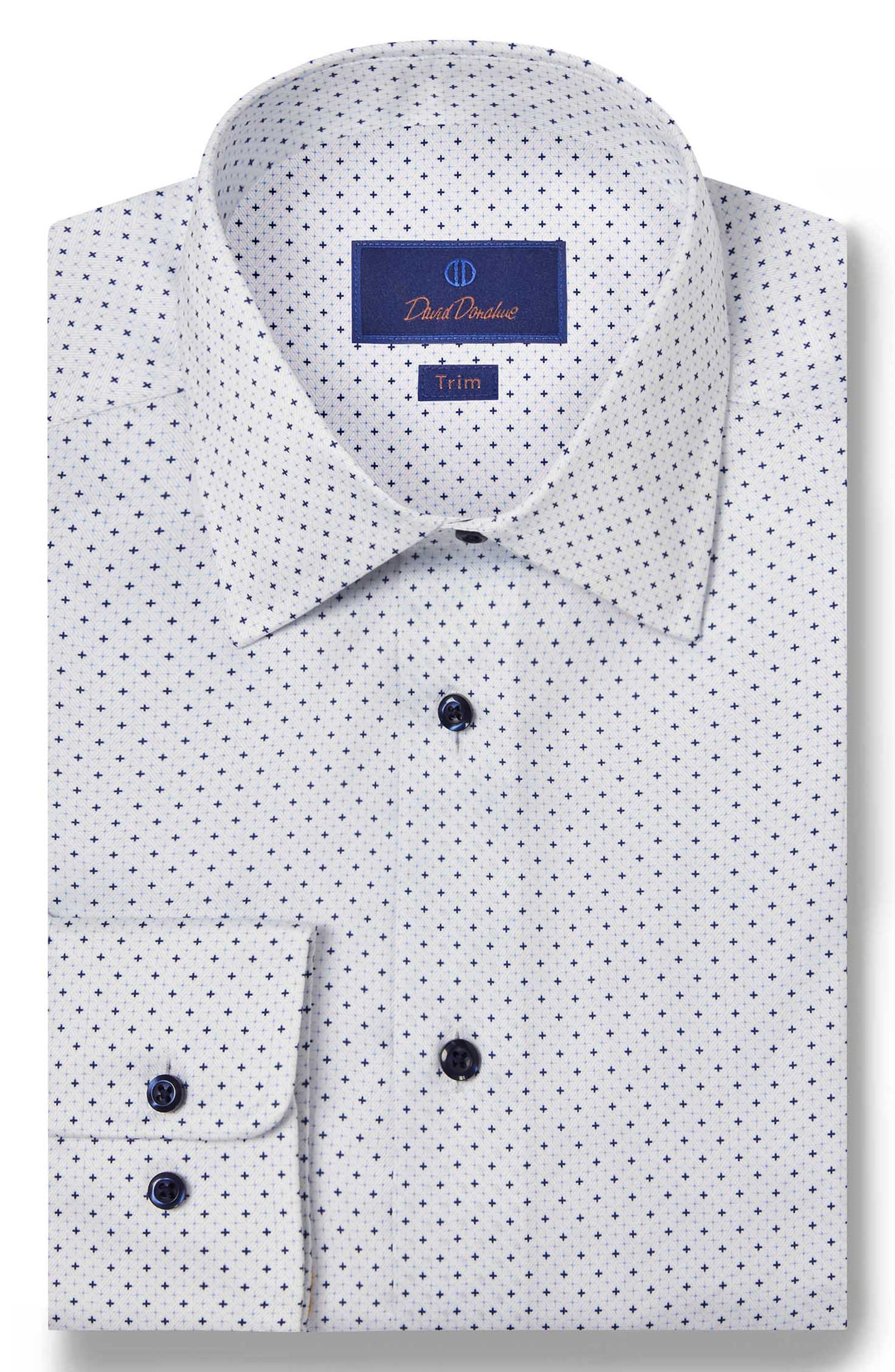 David Donahue Trim Fit Herringbone Micro Print Dress Shirt
