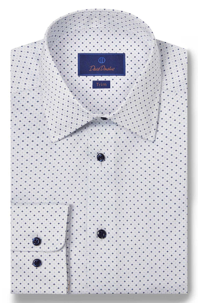 David Donahue Trim Fit Herringbone Micro Print Dress Shirt, Main, color, White/ Blue
