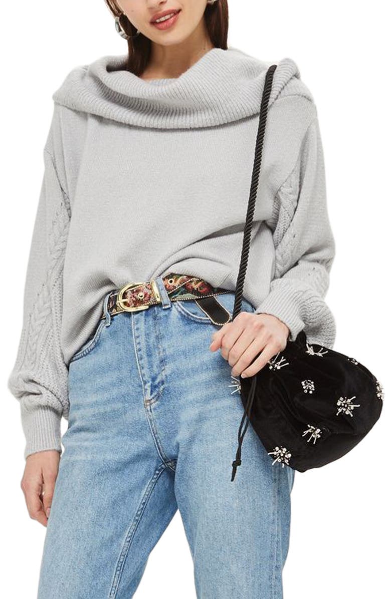 Topshop Cable Sleeve Cowl Neck Sweater, Alternate, color,