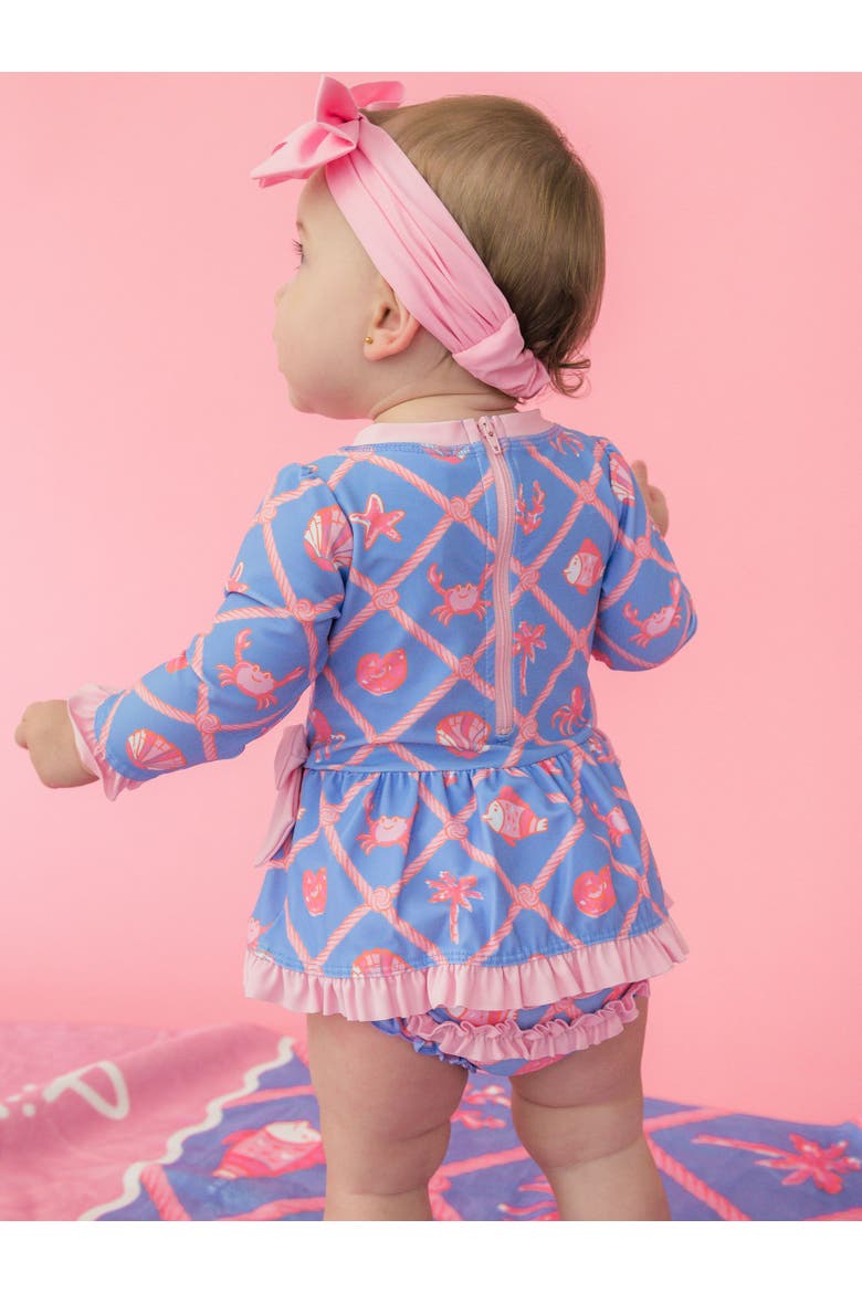 UPF50+ Long Sleeve One Piece Bow Peplum Rash Guard Swimsuit, Alternate, color, Tropical Trellis
