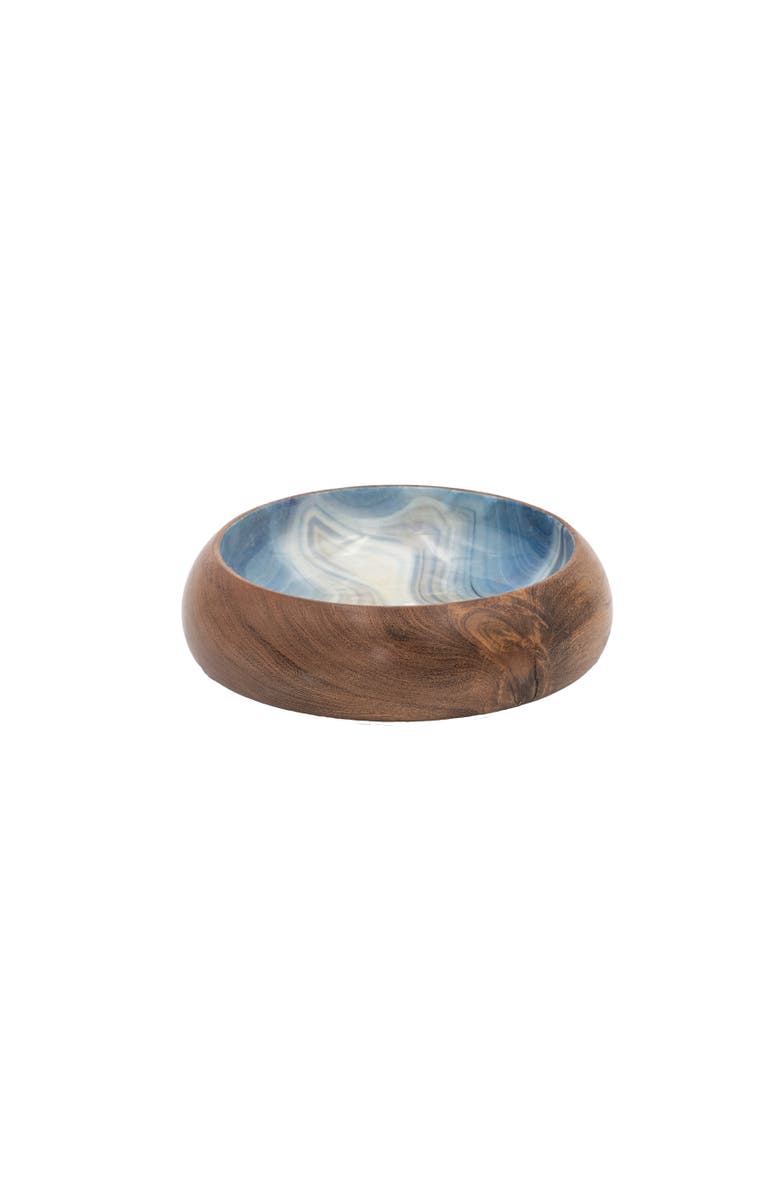 Storied Home Round Enameled Acacia Wood Bowl, Marbled Blue and Natural, Main, color, Blue