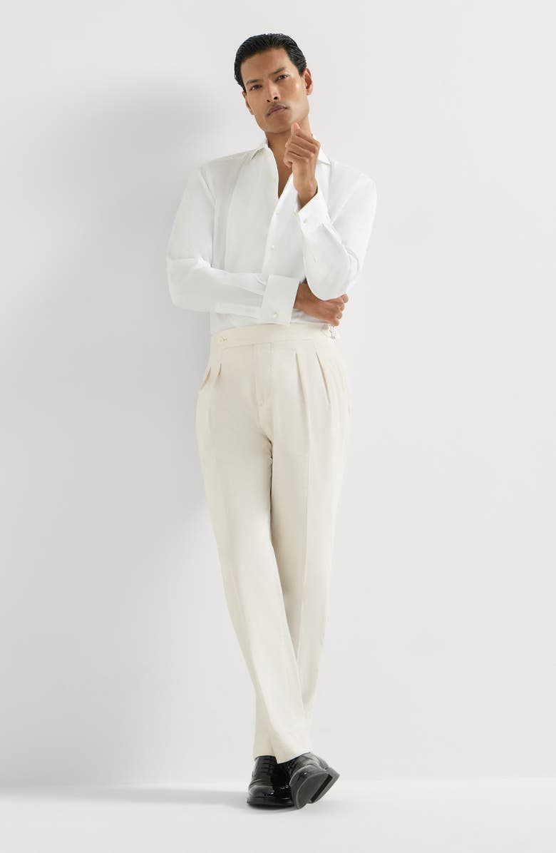Brunello Cucinelli Sea Island cotton narrow wale corduroy tuxedo trousers with double pleats and tabbed waistband, Alternate, color, Milk