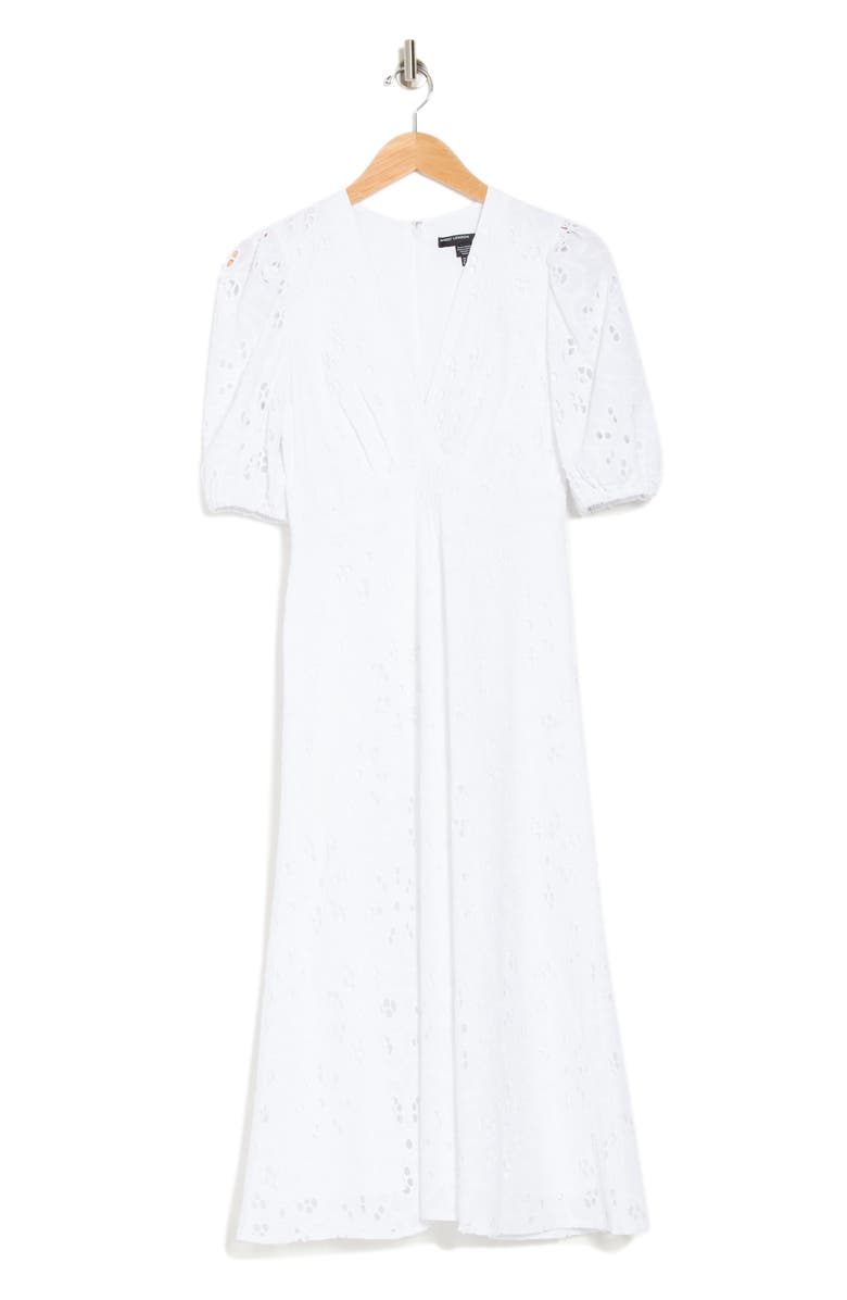 Maggy London Twist Front V-Neck Eyelet Midi Dress, Alternate, color,