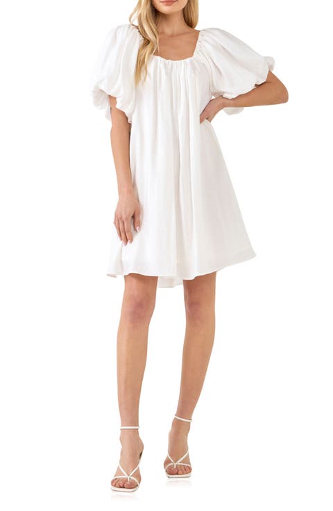 Pleated Puff Sleeve Cotton Blend Minidress
