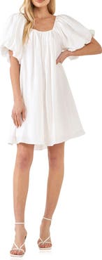 Endless Rose Pleated Puff Sleeve Cotton Blend Minidress