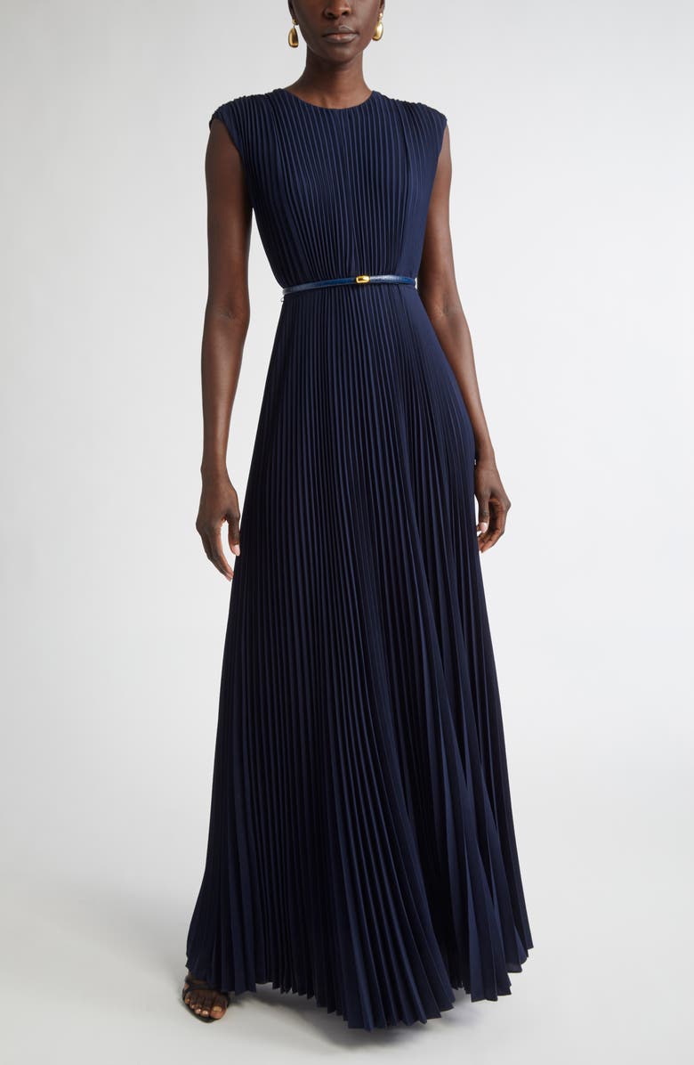 ST. JOHN Emery Pleated Lightweight Crepe Gown, Main, color, Navy