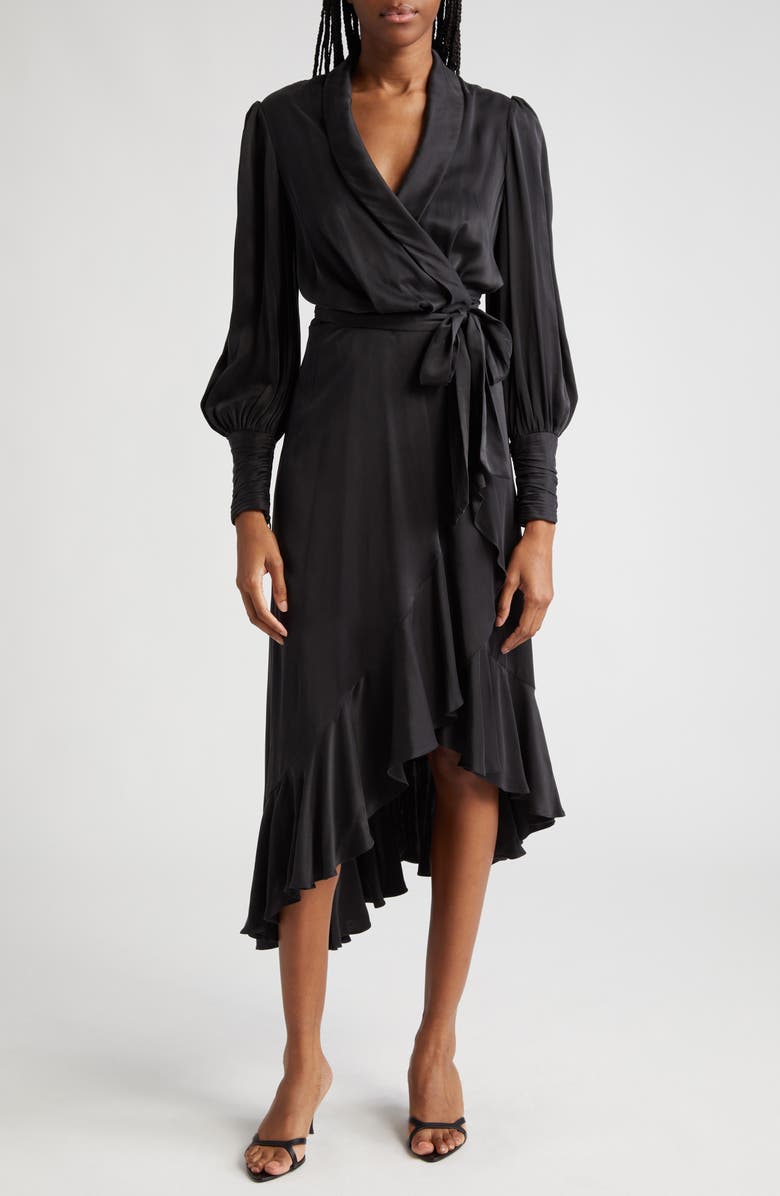 Zimmermann Long Sleeve Silk Wrap Midi Dress, Main, color,