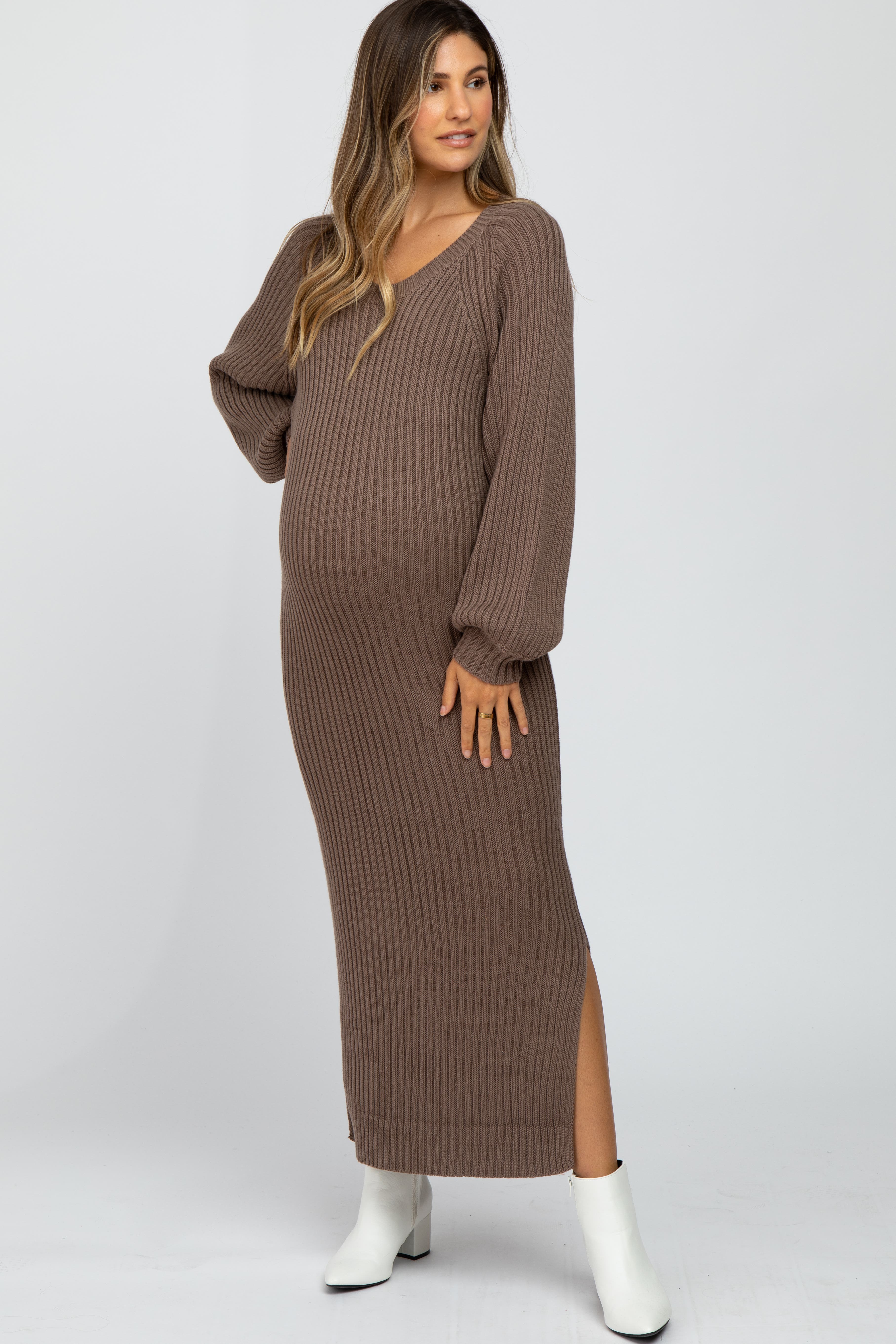 Pinkblush Side Slit Maxi Sweater Dress In Brown
