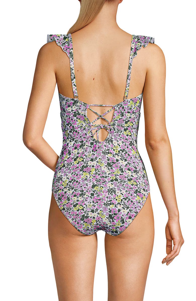 Lands' End Pique Ruffle One Piece Swimsuit, Alternate, color, White Multi Ditsy Floral