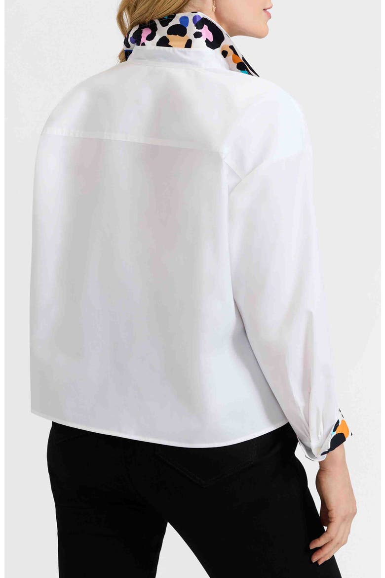 Marina Contrast Leopard Trim Cotton Blend Button-Up Shirt, Alternate, color, WHITE/ LEOPARD MULTI