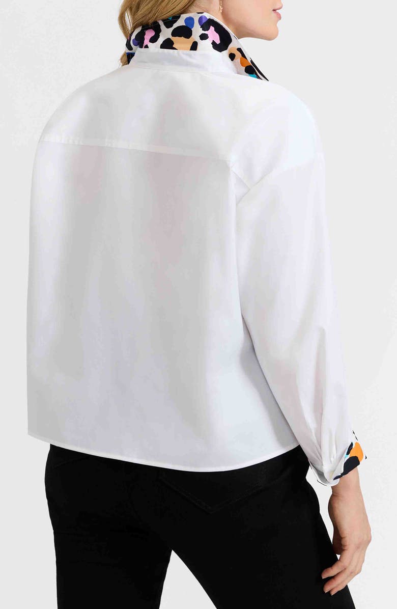 Foxcroft Marina Contrast Leopard Trim Cotton Blend Button-Up Shirt, Alternate, color, White/ Leopard Multi