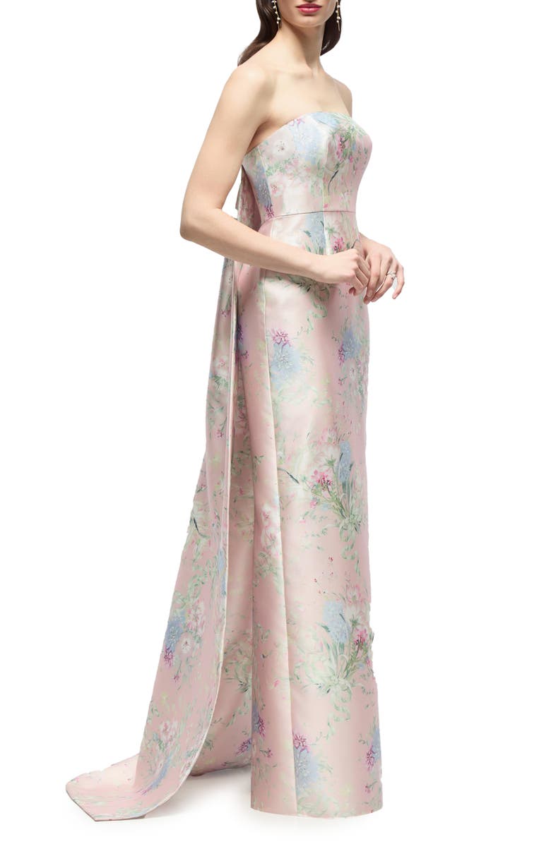 Alfred Sung Esme Floral Strapless Satin Twill Gown with Removable Train, Alternate, color, Esme Floral