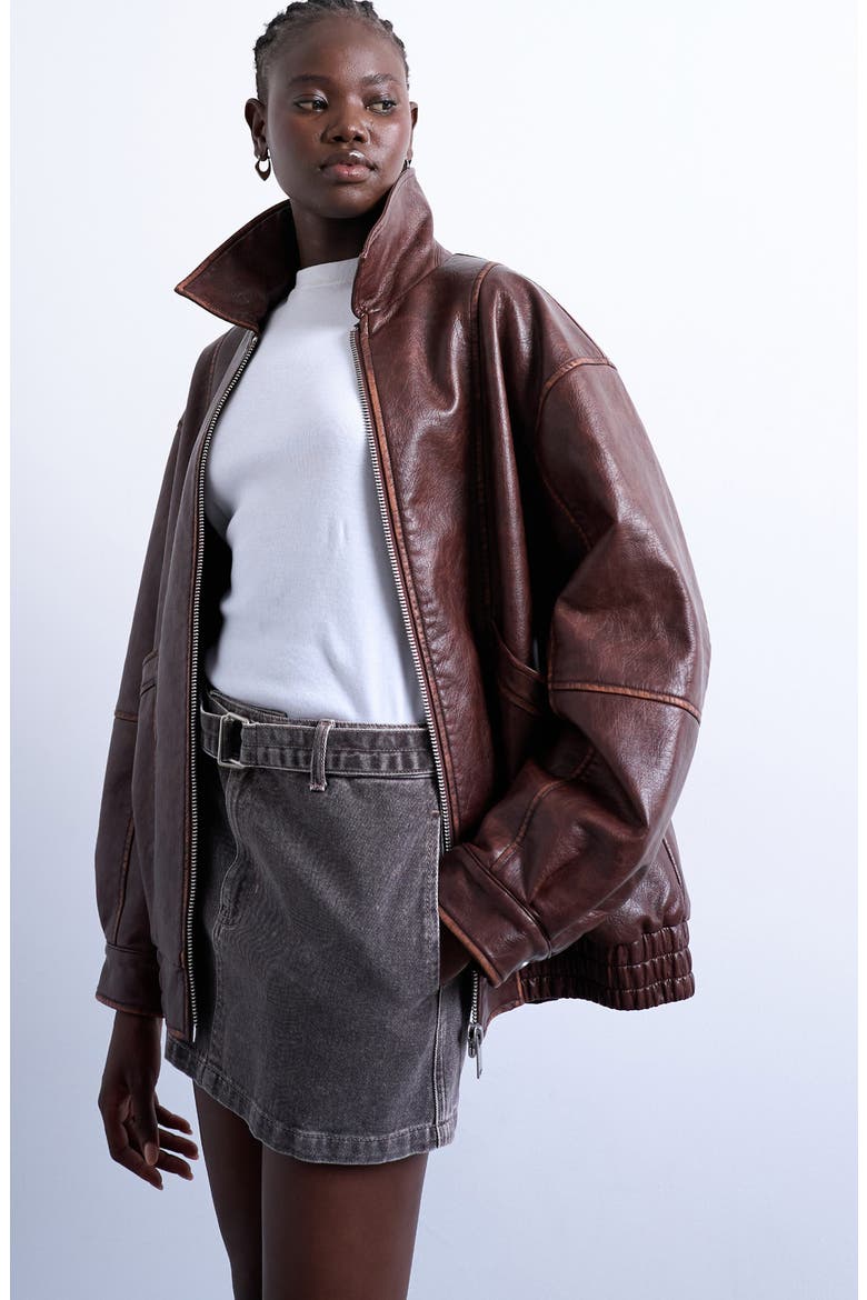 Oversize Faux Leather Bomber Jacket, Main, color, BROWN
