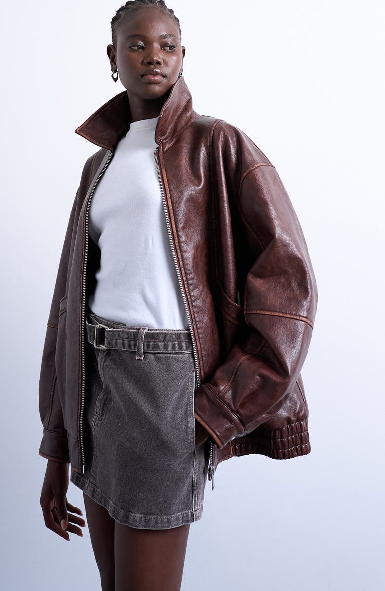 Topshop Oversize Faux Leather Bomber Jacket, Main, color, Brown