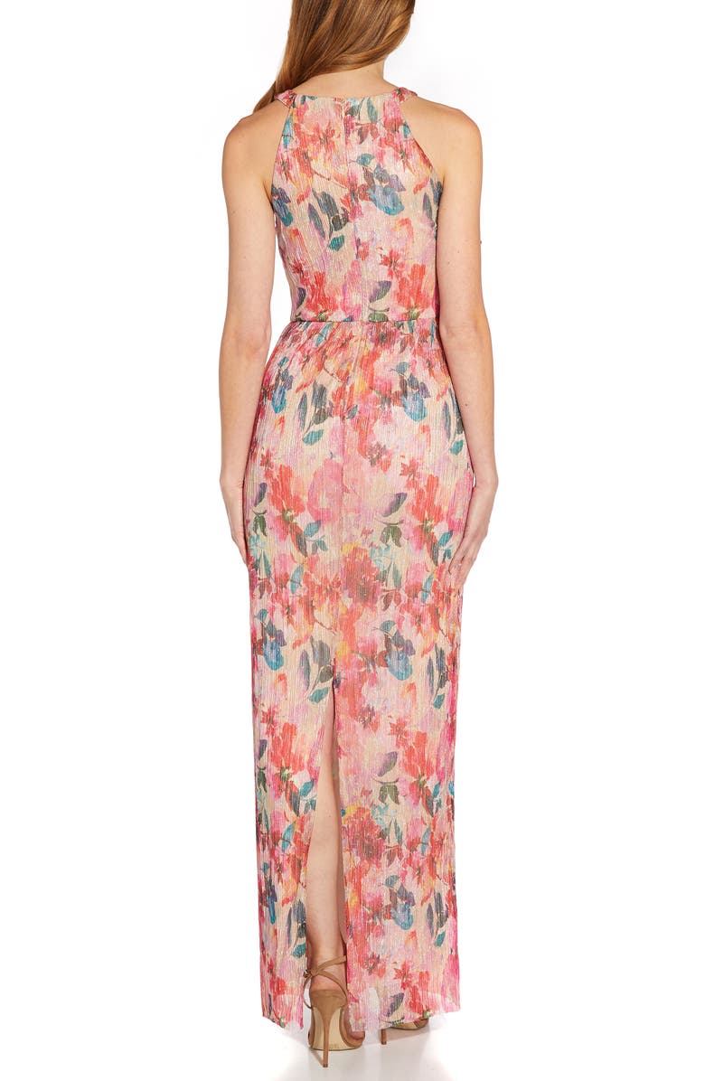 Adrianna Papell Floral Metallic Pleated Halter Gown, Alternate, color,
