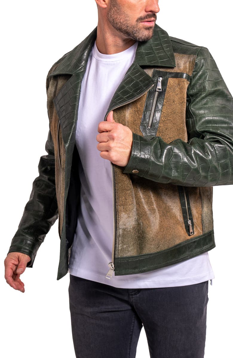 Maceoo Ascension0026 Genuine Calf Hair & Croc Print Leather Jacket, Alternate, color, Green