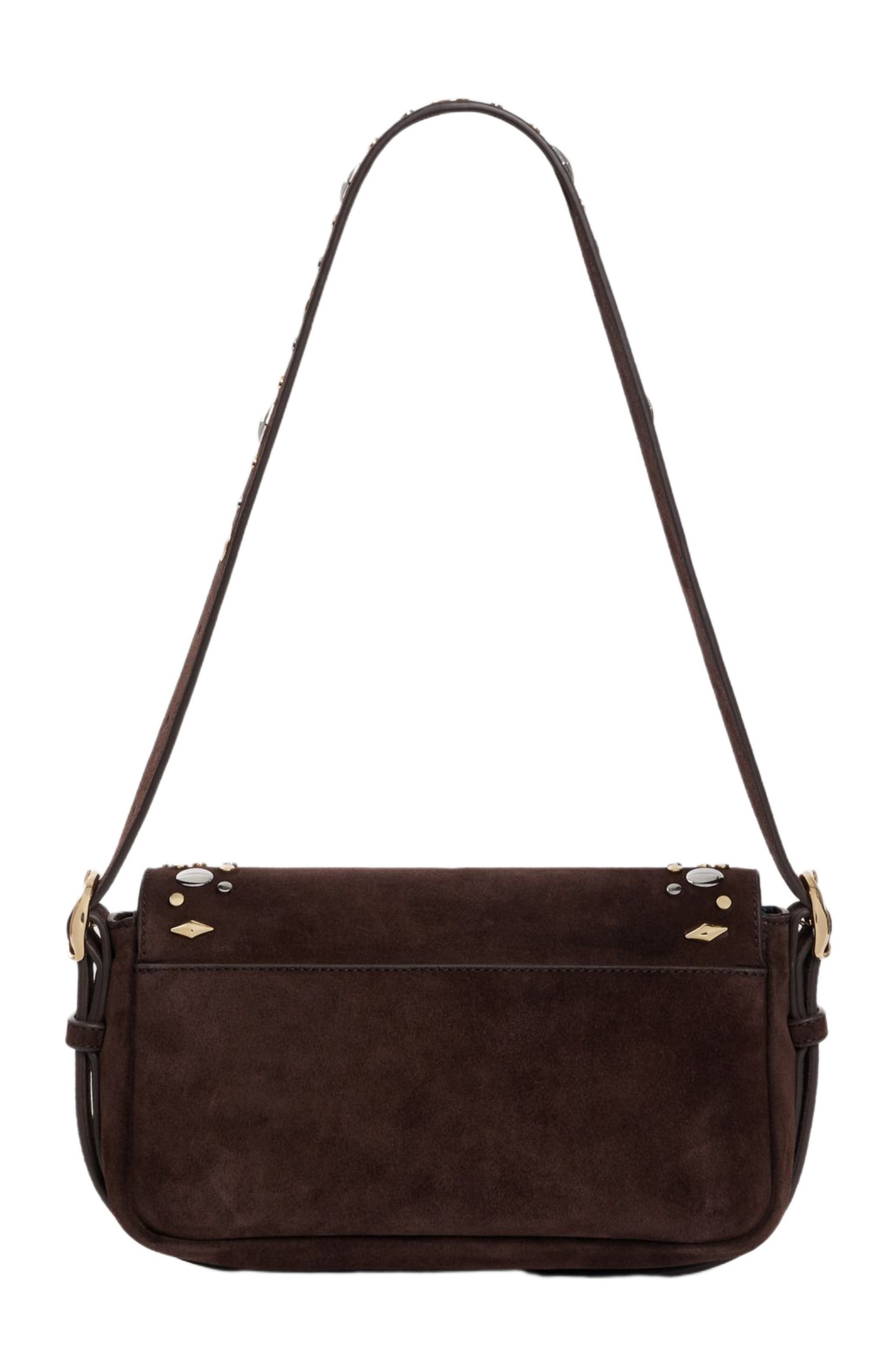 SANDRO LE MAMBO JANYS studded suede bag, Alternate, color, Black Brown