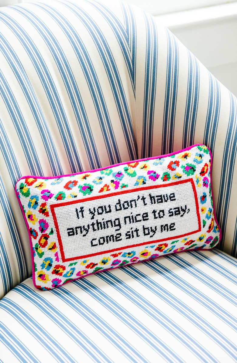 Furbish Come Sit By Me Needlepoint Pillow, Alternate, color, Pink, White, Multi