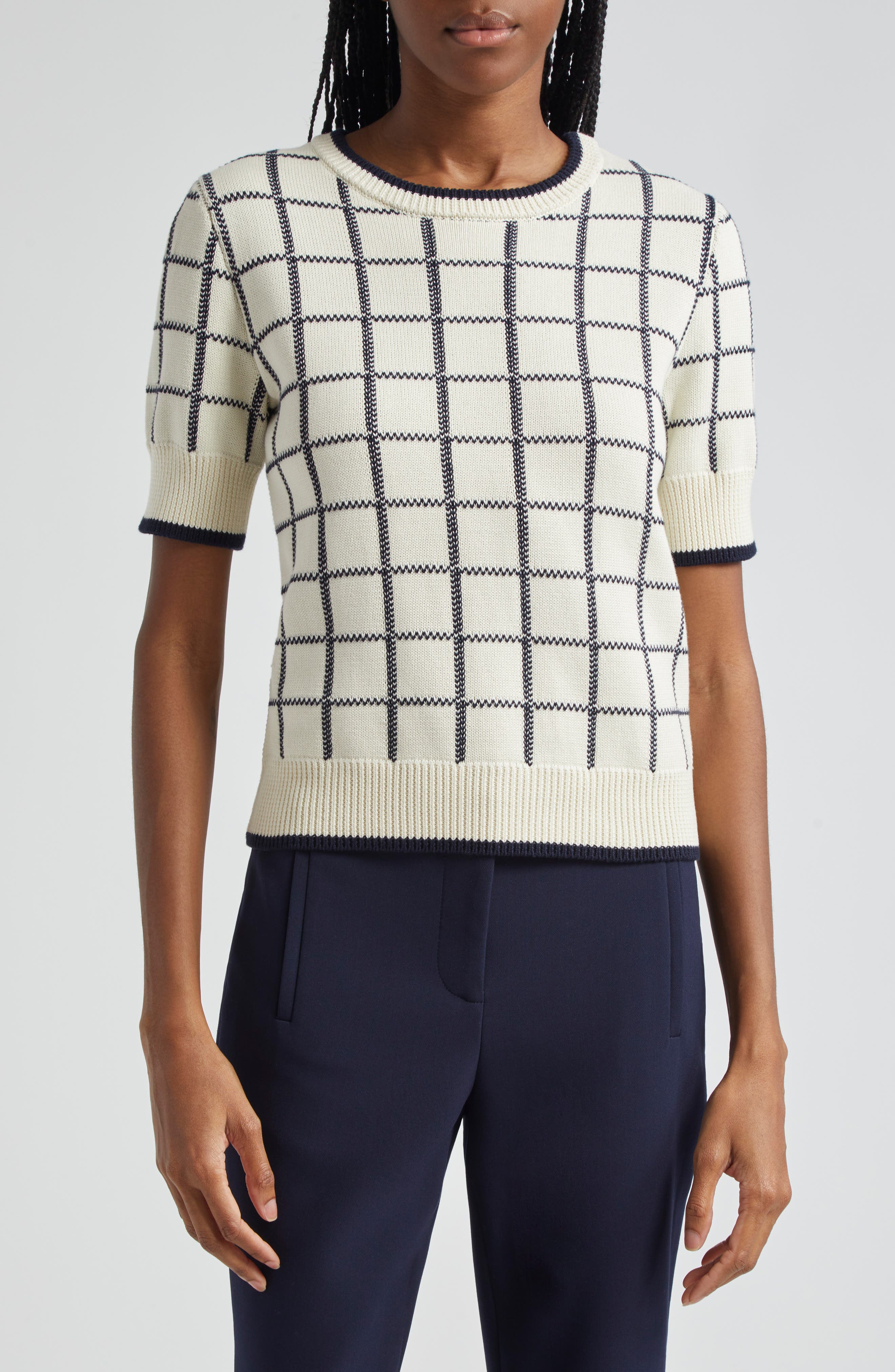 Veronica Beard Windowpane Check Short Sleeve Cotton Sweater