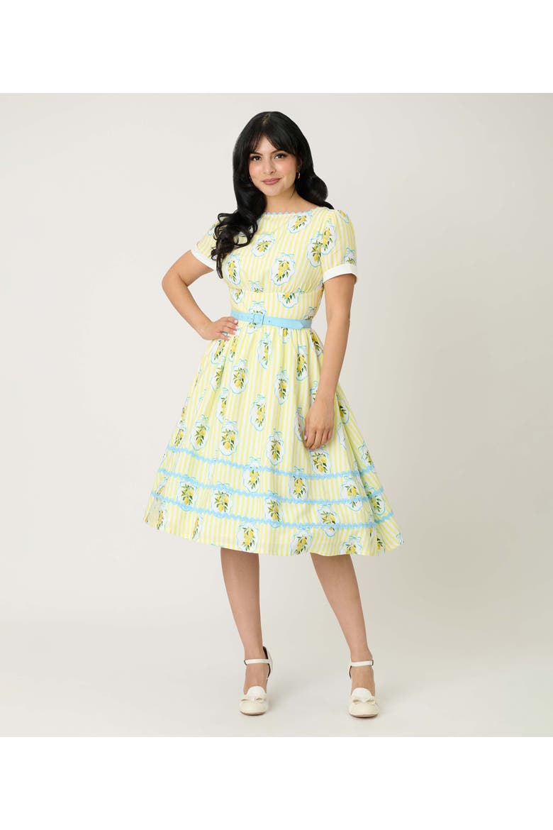 Boatneck Ricrac Swing Dress, Main, color, Yellow Stripe W/ Lemon Print