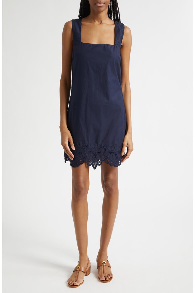Shanice Embroidered Detail Linen Blend Dress, Main, color, NAVY