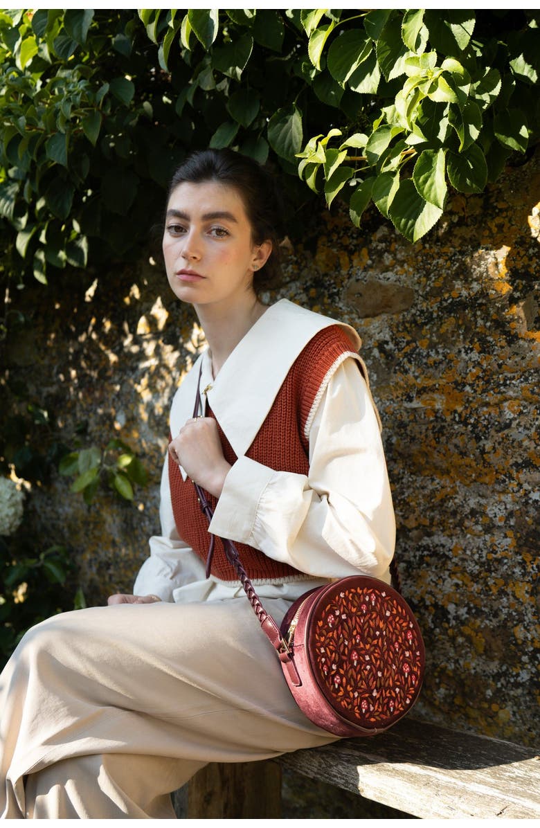 Fable England Magical Mushroom Embroidered Burgundy Velvet Circle Bag, Alternate, color, Red