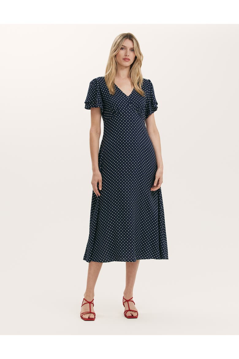 Saskia Polka Dot Midi Tea Dress, Main, color, Navy Spot