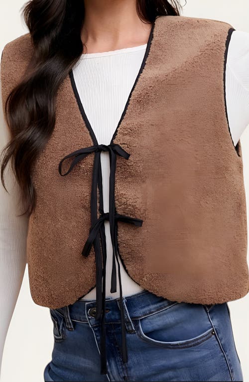 Modenaire Faux Shearling Contrast-trim Tie-front Vest In Brown
