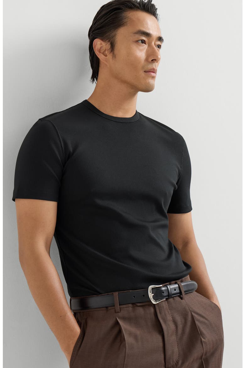 Stretch cotton and modal ribbed jersey crew neck T-shirt, Alternate, color, Black