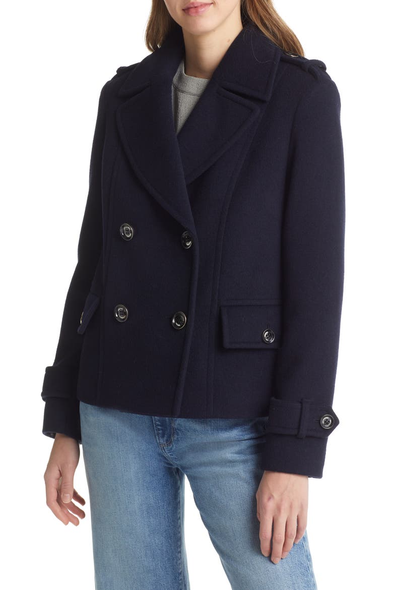 Double Breasted Wool Blend Peacoat, Alternate, color, NAVY