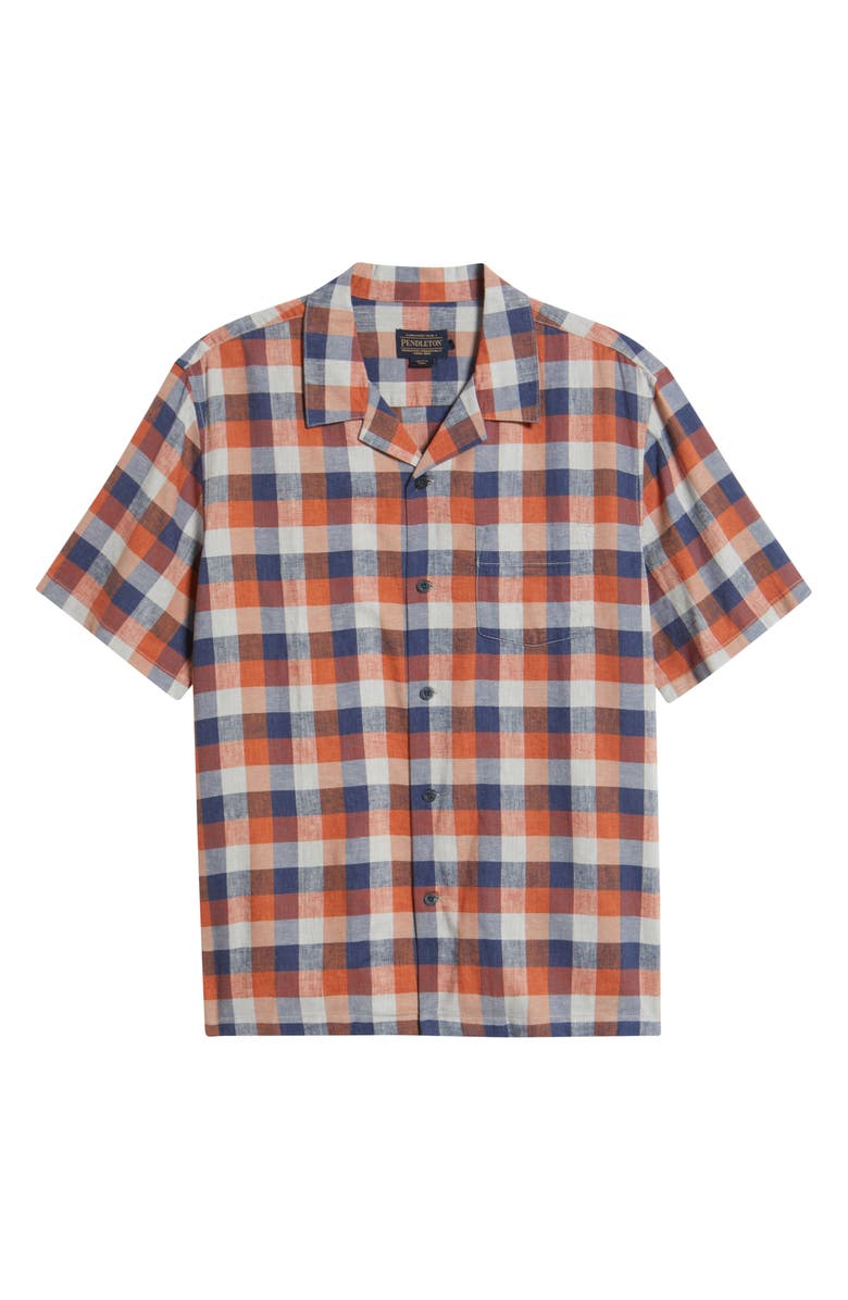 Pendleton Plaid Linen Blend Camp Shirt, Alternate, color, Navy/ Ochre Check