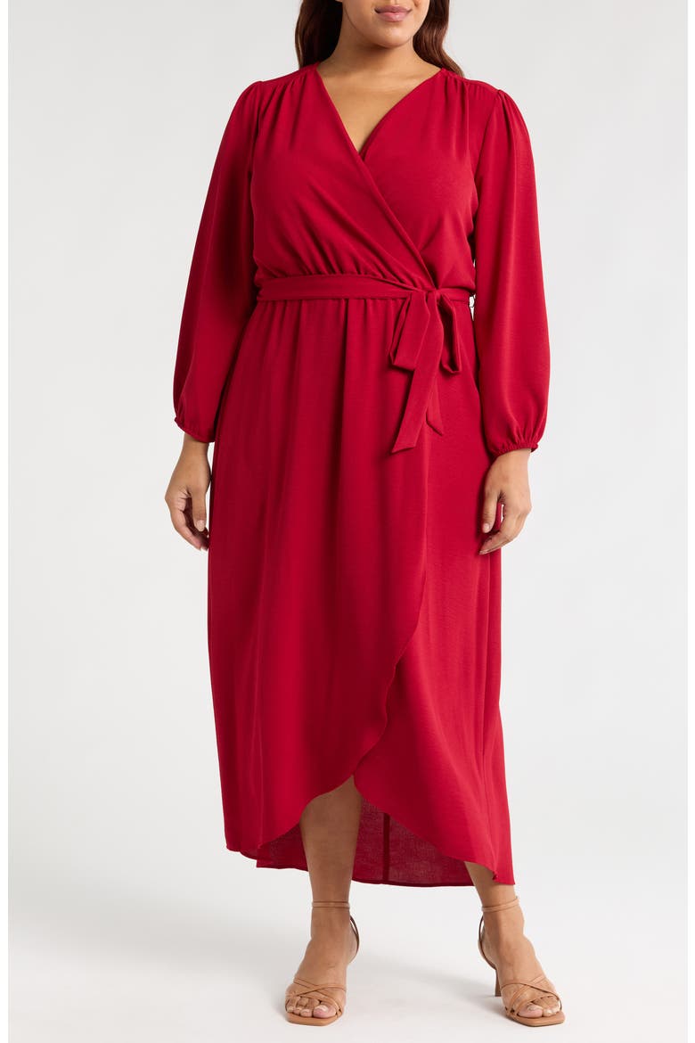 Tie Waist Long Sleeve Wrap Dress, Main, color, GARNET