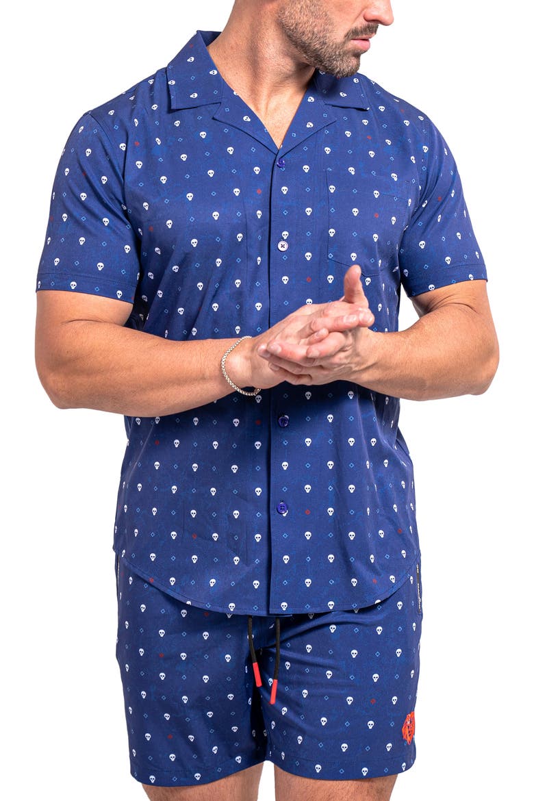Beachskull Blue Short Sleeve Cotton Button-Up Shirt, Alternate, color, BLUE