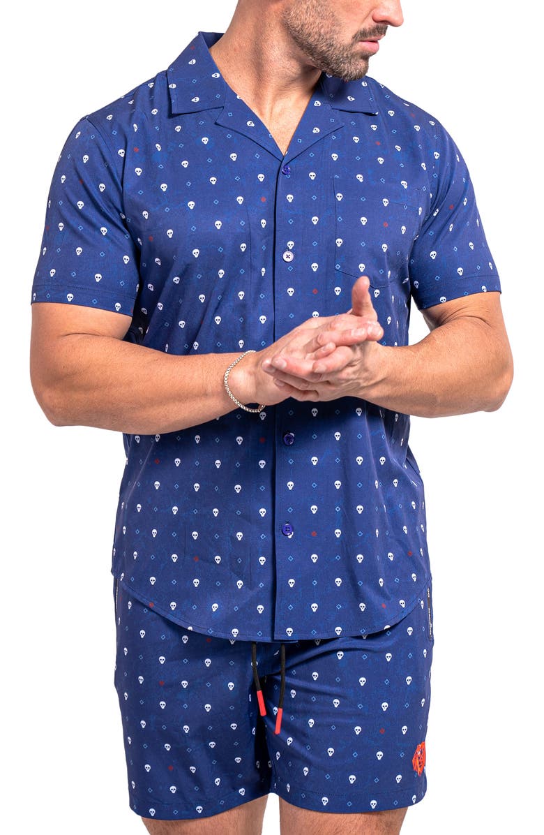 Maceoo Beachskull Blue Short Sleeve Cotton Button-Up Shirt, Alternate, color, Blue