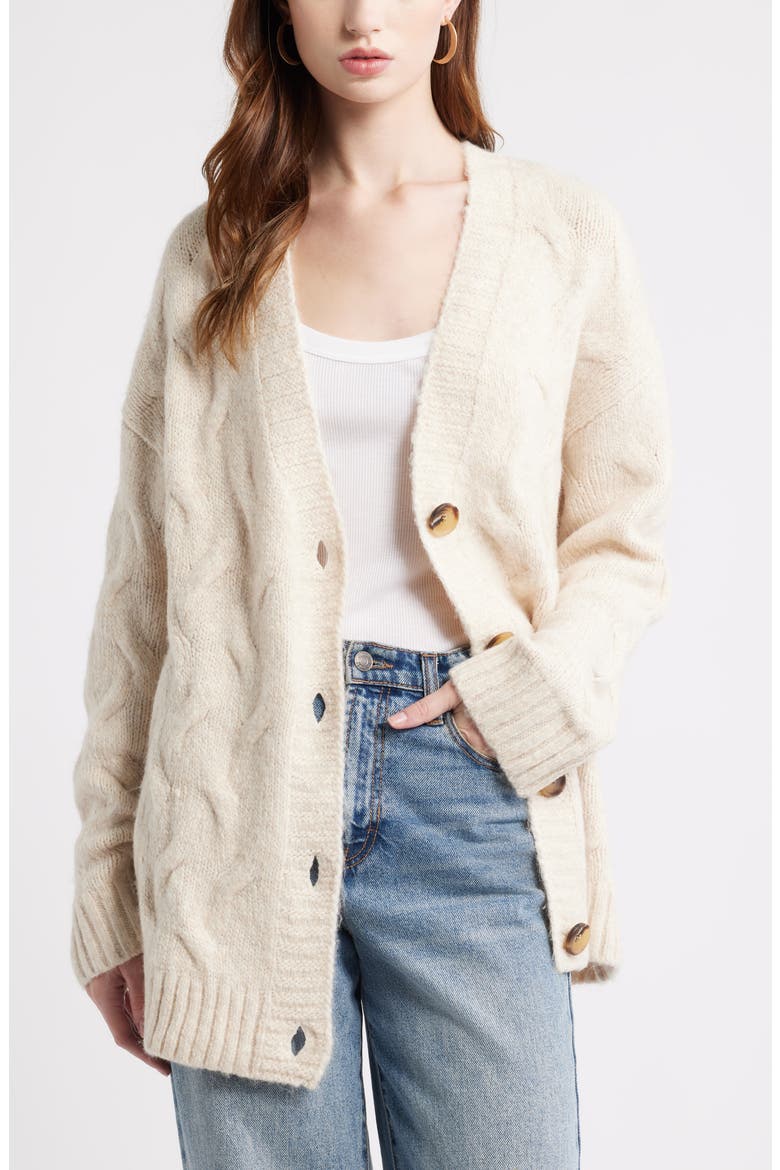 Oversize Cable Stitch Cardigan, Main, color, BEIGE OATMEAL LIGHT HEATHER