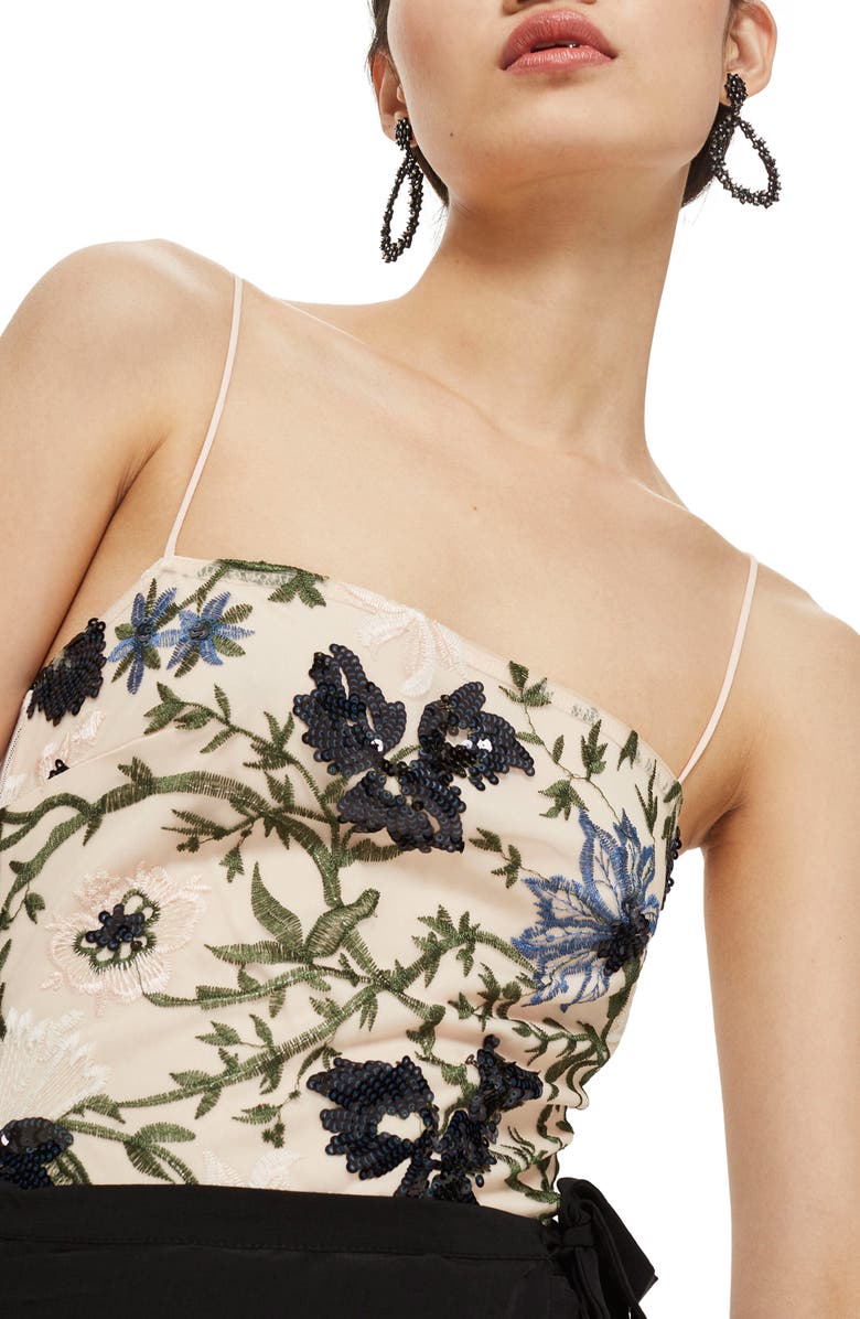 Topshop Square Neck Floral Sequin Bodysuit, Main, color, Nude Multi