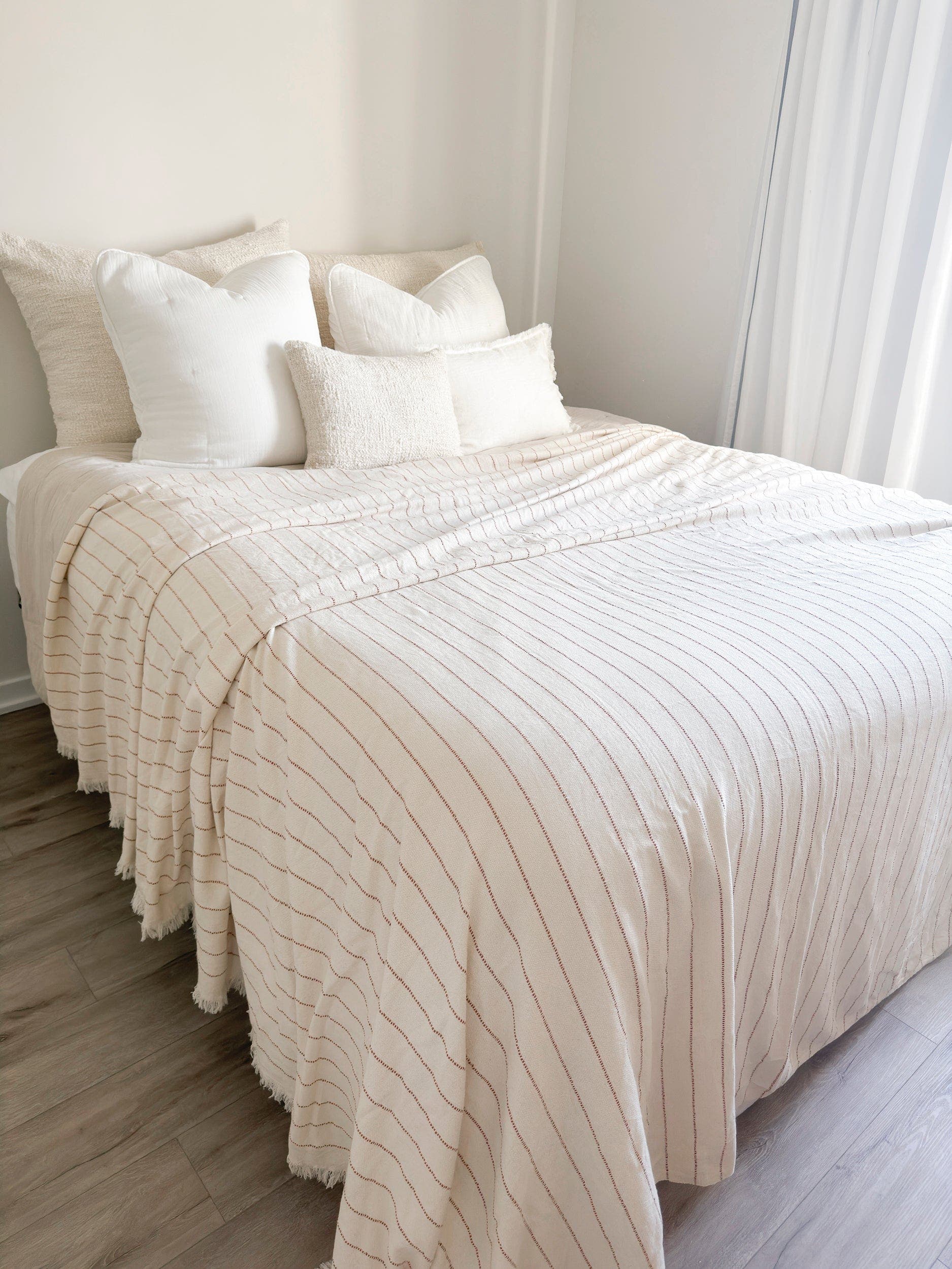 Anaya Smooth Cotton Ivory Bed Blanket With Stripes In White