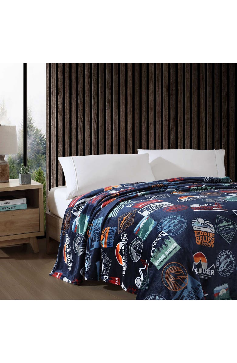 Eddie Bauer Stamps Logo Plush Throw Blanket, Alternate, color, Dark Blue