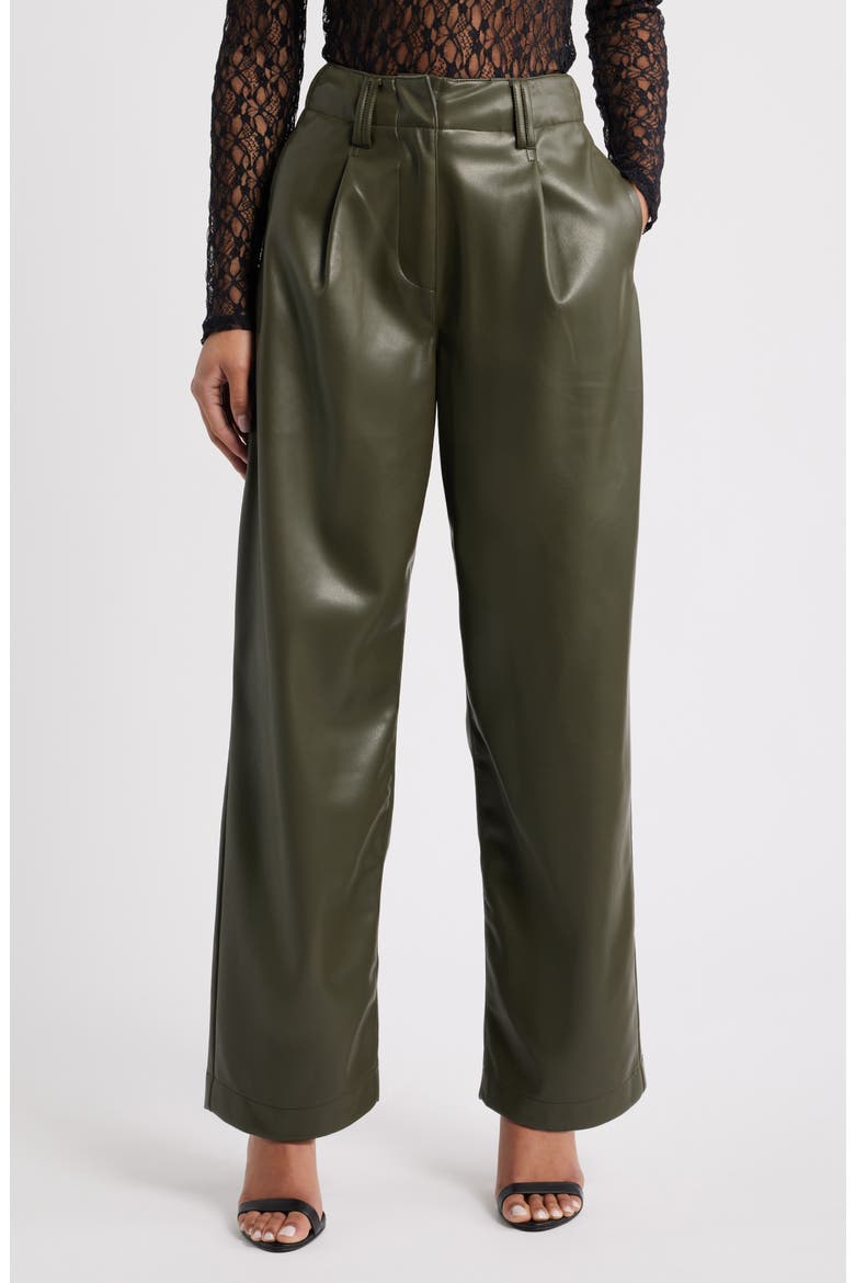 Pleated High Waist Faux Leather Pants, Main, color, KHAKI