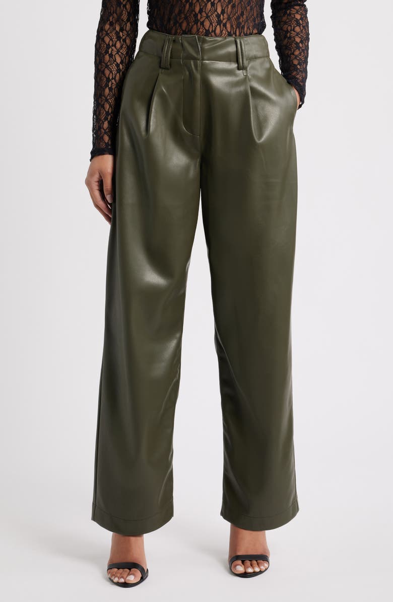 Topshop Pleated High Waist Faux Leather Pants, Main, color, Khaki