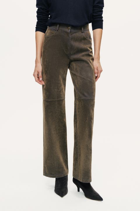 Suede Panel Straight-Leg Pants