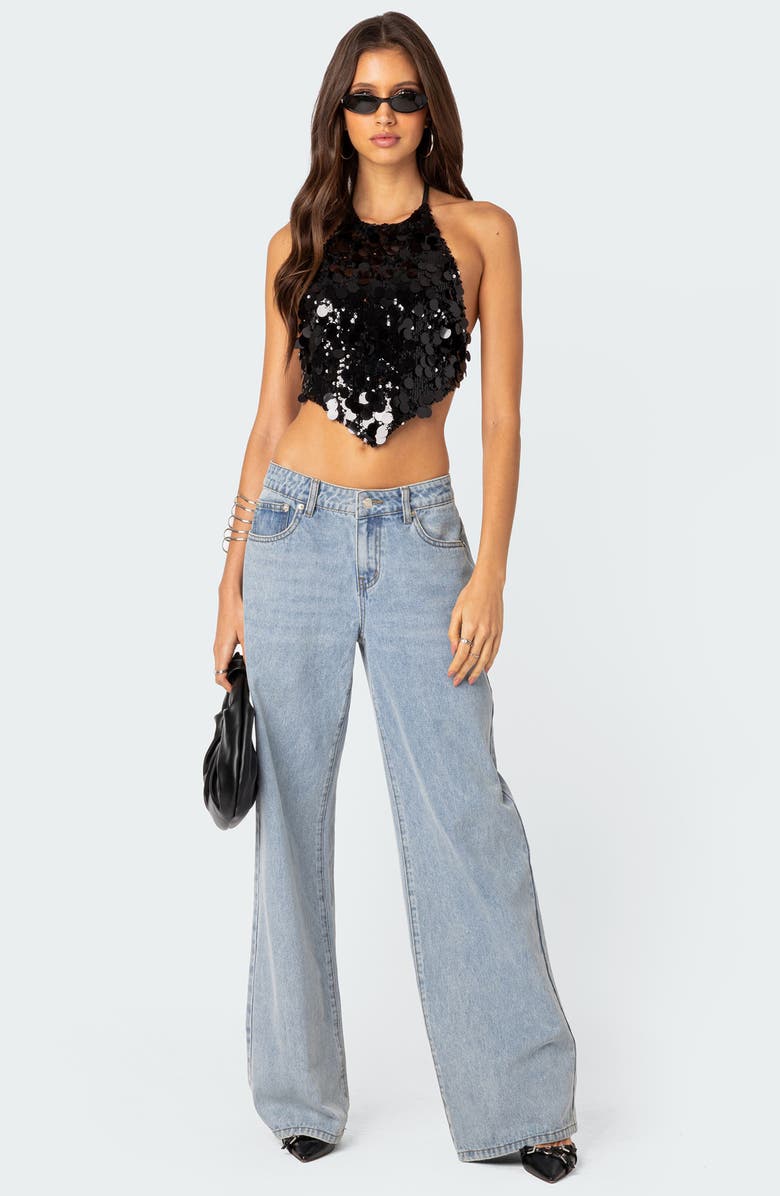 EDIKTED Caelia Sequin Halter Crop Top, Alternate, color, Black