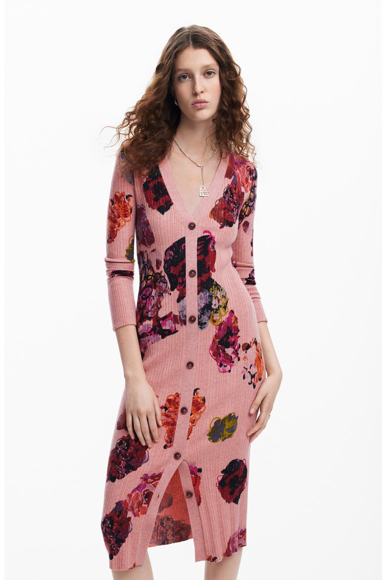 Floral Print Long Sleeve Rib Sweater Dress, Alternate, color, PINK/ RED