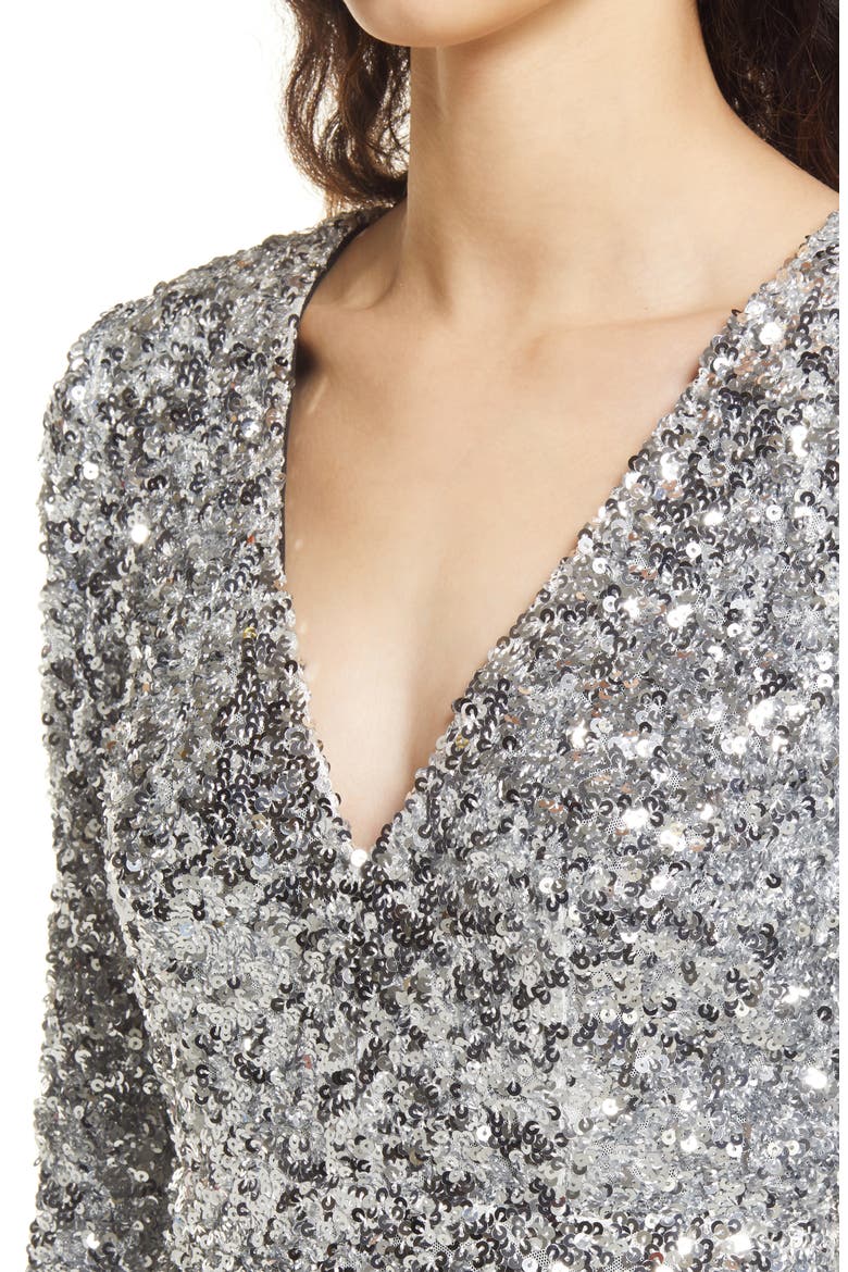 Brand New You Sequin Long Sleeve Body-Con Minidress, Alternate, color, SILVER