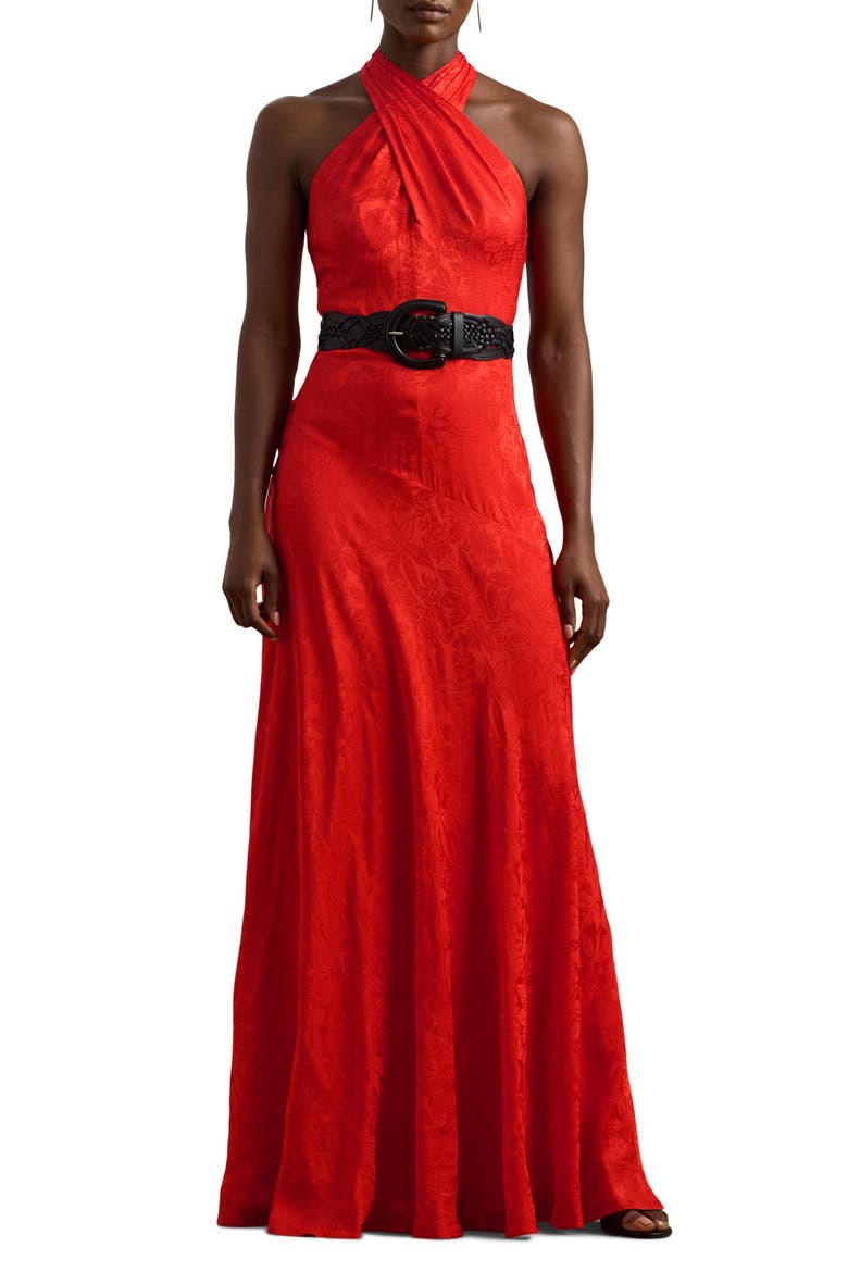 Floral Jacquard Belted Gown, Main, color, BRIGHT VERMILION