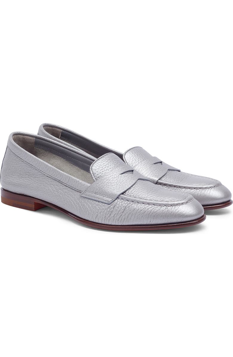 Santoni Women's Tumbled Leather Penny Loafer, Alternate, color, Silver