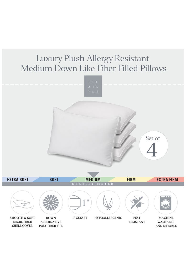Gusseted Medium Density Plush Down Alternative Pillow, for All Sleep Positions, Set of 4, Alternate, color, WHITE