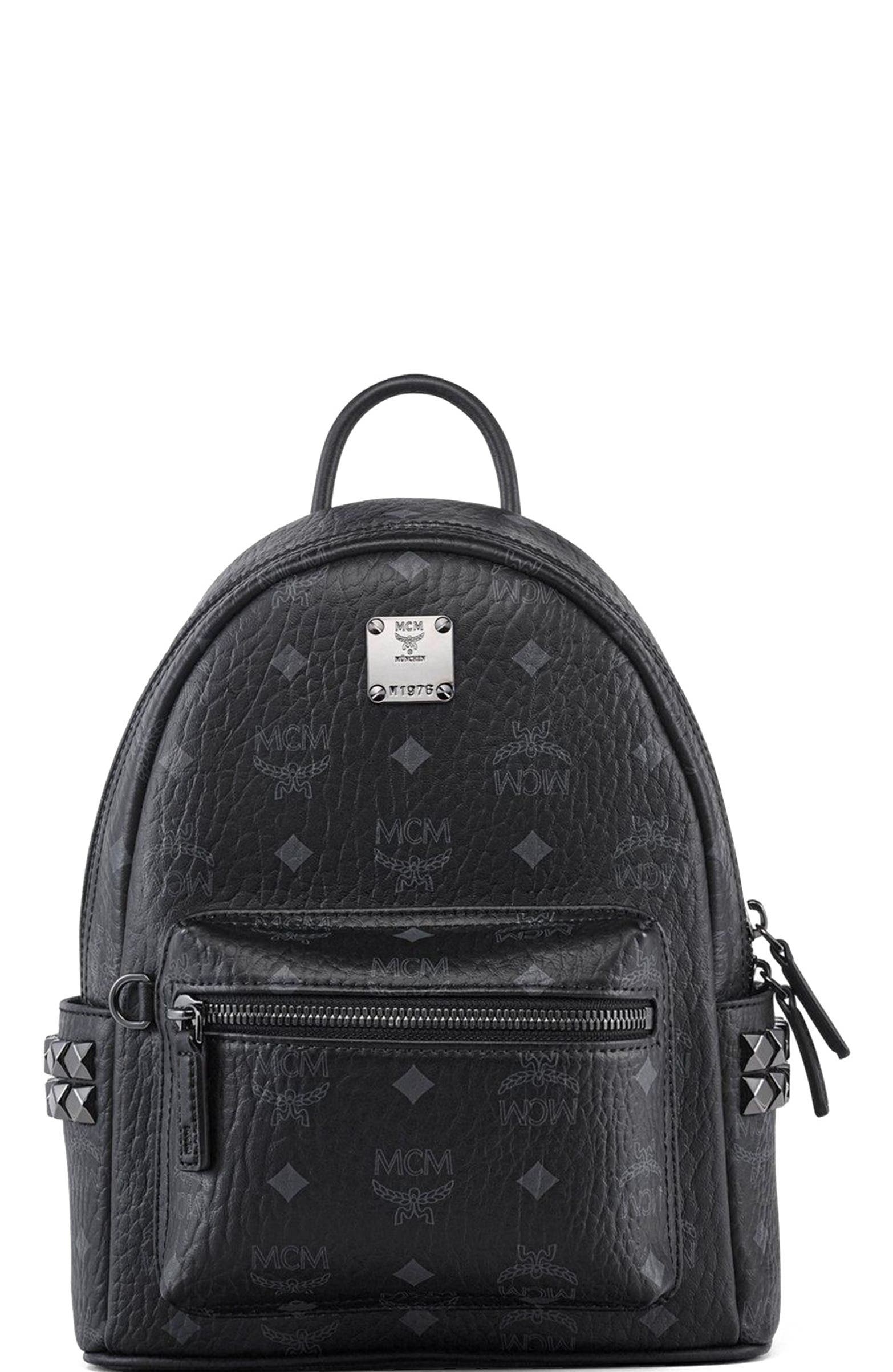 MCM Stark Side Studs Backpack in Visetos, Alternate, color, Black