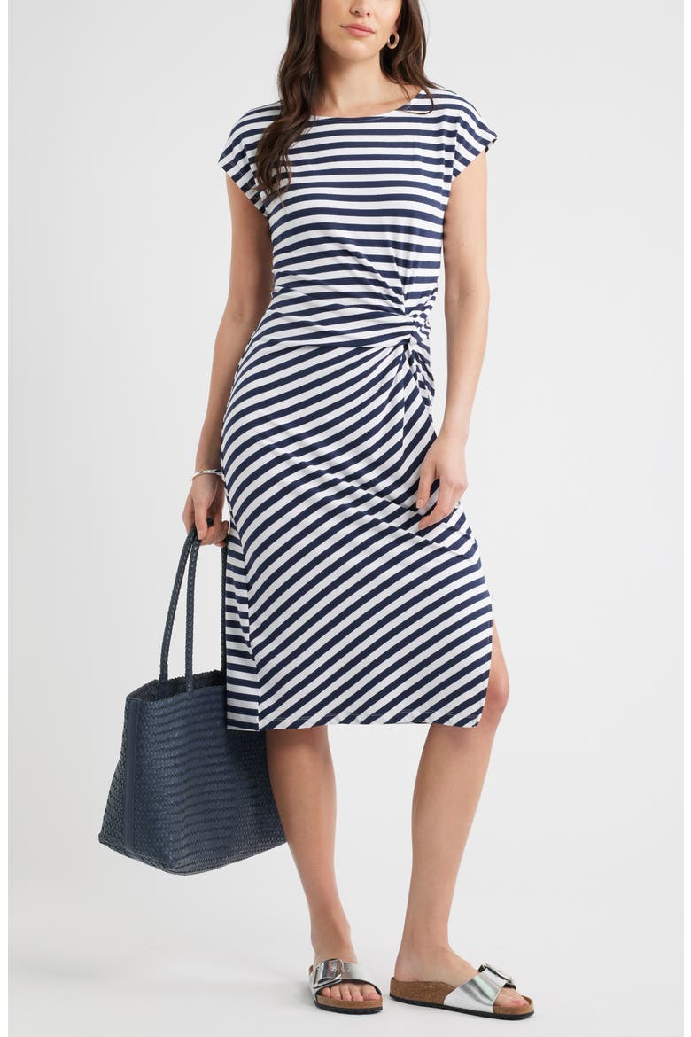 Twist Cotton Blend Knit Midi Dress, Alternate, color, NAVY STILL- WHITE CHARM STRIPE