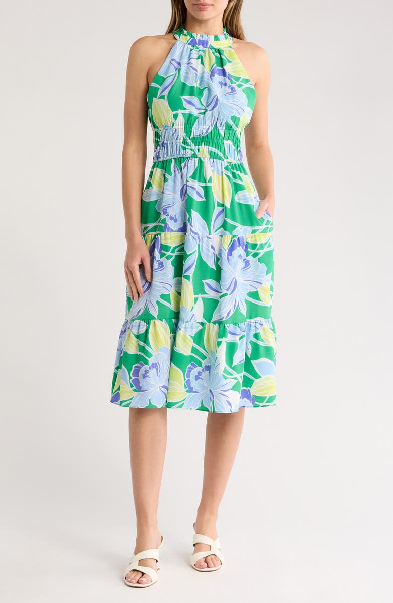 Eliza J Halter Tiered Midi Dress, Main, color, 